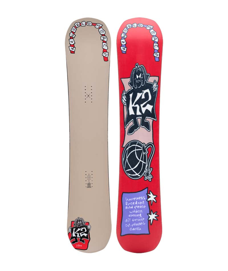 WorldPeace- Beige, red, white, black, and purple multicolored snowboard on a white background
