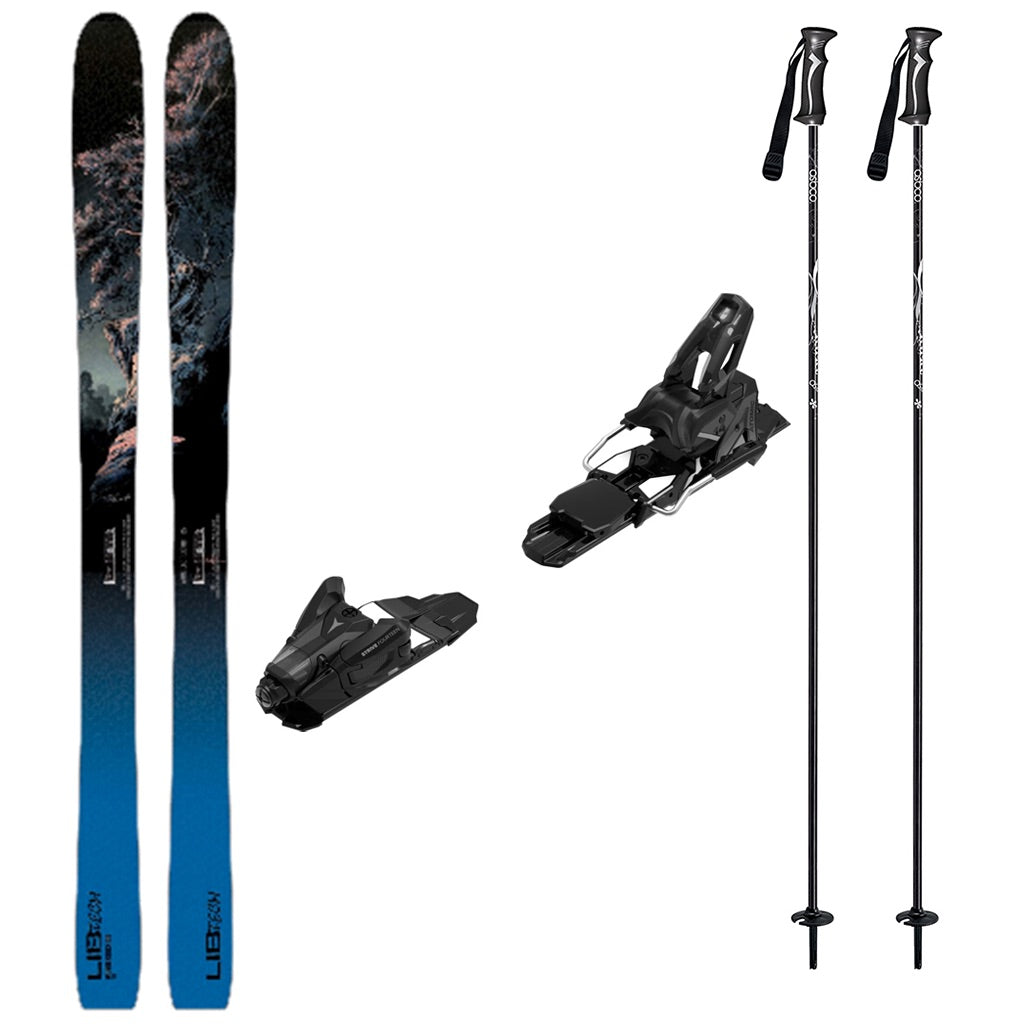 Wunderstick100w_Strive14-A ski equipment set on a plain white background, including a pair of skis with a dark mountain graphic fading to bright blue at the bottom, two black ski bindings, and two black ski poles with white branding.
