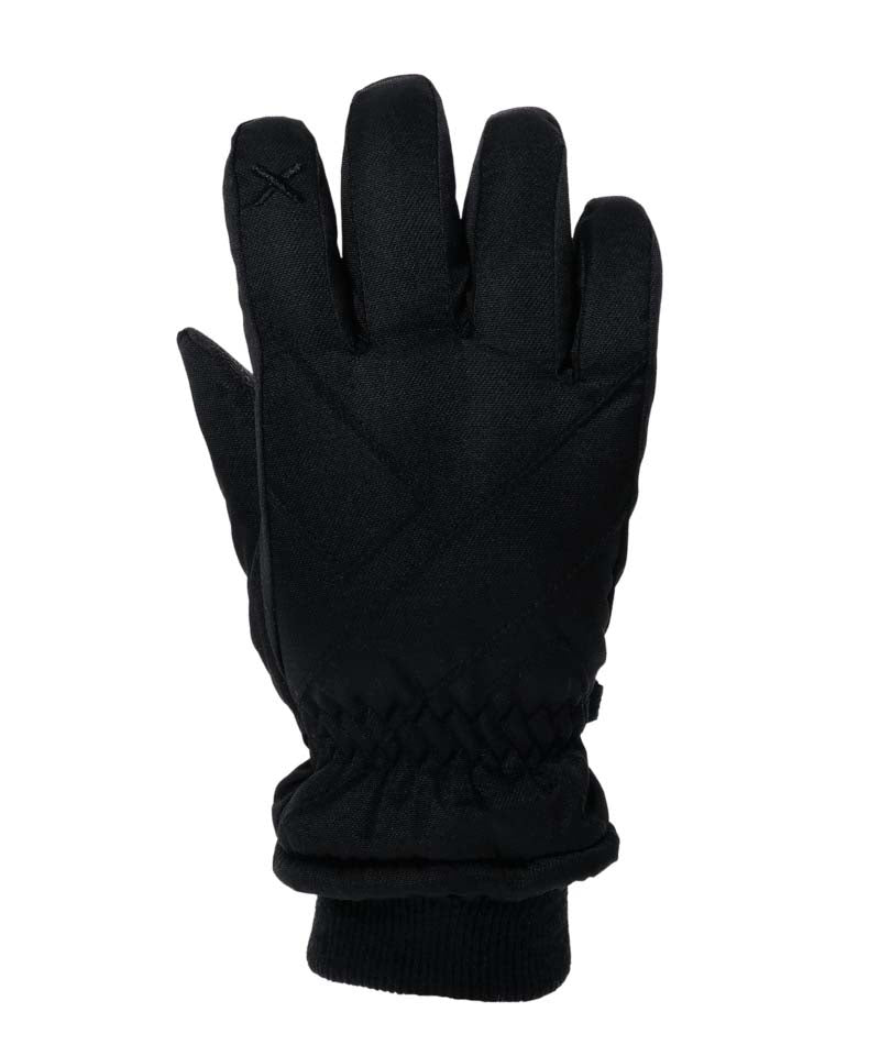 XpressIIGlove-A single black winter glove shown from the back, featuring a textured knit body, elasticized wrist opening, and a small stitched cross detail on the index finger, set against a plain white background.