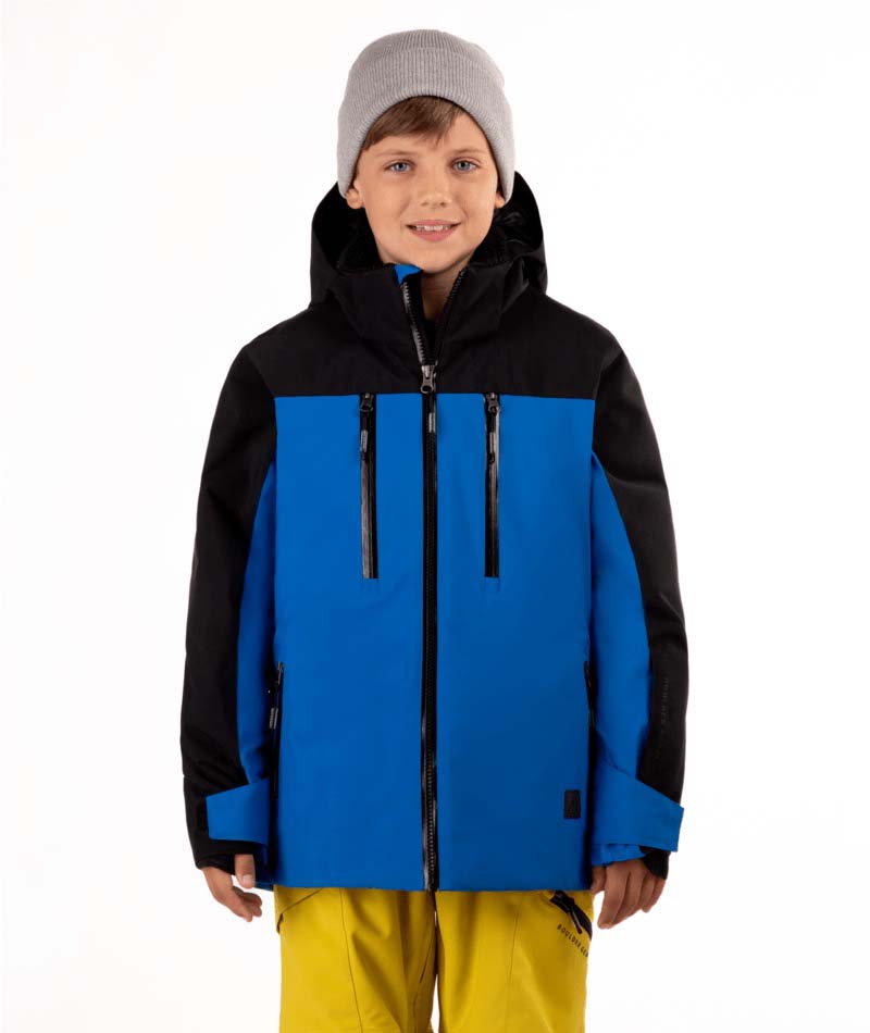 YouthBlakeJacket-Child wearing a black and blue jacket with yellow pants on a white background