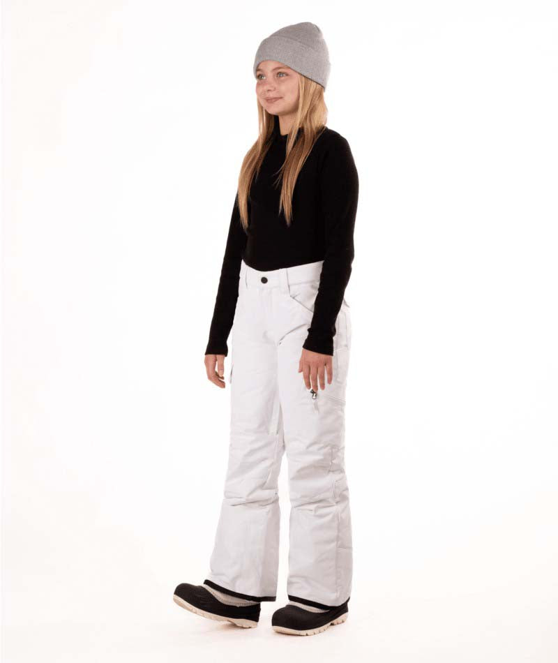 YouthGirlsRavishPant-Person wearing a black top, white pants, and gray beanie on a white background