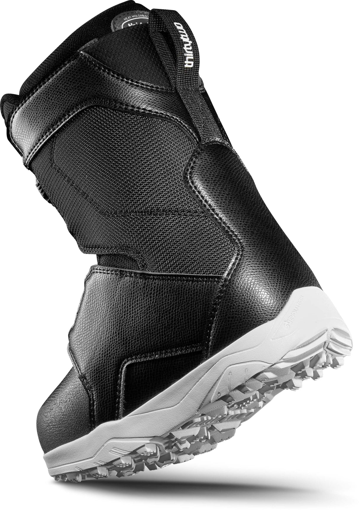 YouthLashedBoa-Black snowboard boot with white sole on a white background
