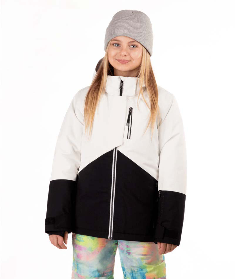 YouthLyricIIJacket-Child wearing a white and black jacket with colorful pants on a white background