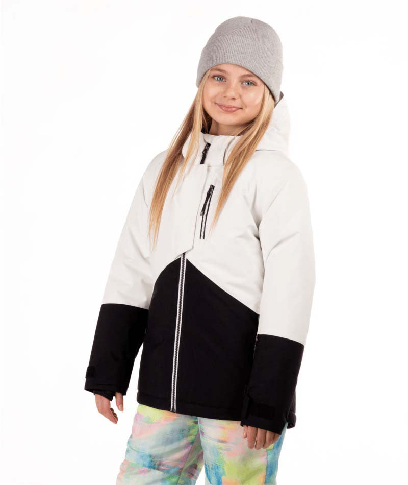 YouthLyricIIJacket-Child wearing a white and black jacket with colorful pants on a white background