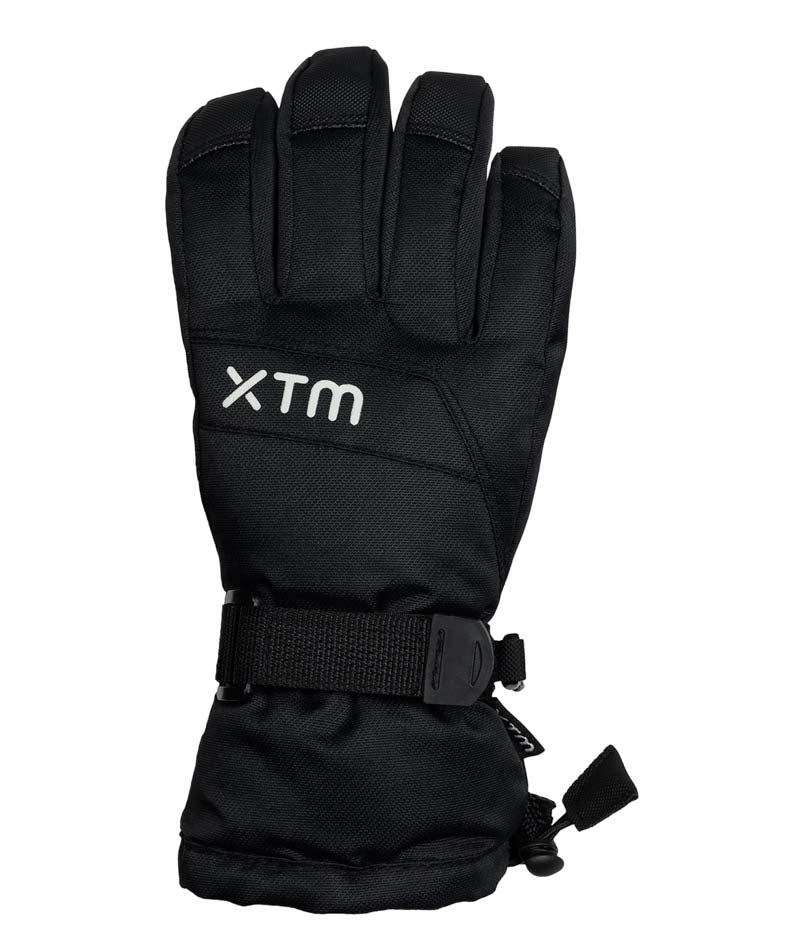 ZoomGlove-A single black winter glove with a white 'XTM' logo on the back of the hand, featuring a wrist strap and hook-and-loop closure, shown against a plain white background.