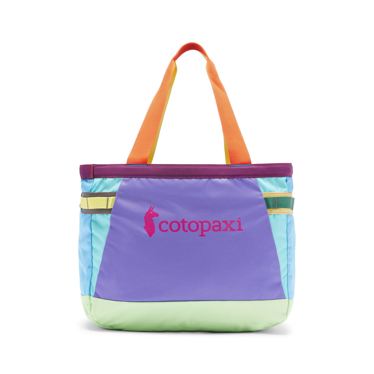 allpa-30l-gear-hauler-A colorful Cotopaxi tote bag with a purple front panel, light blue sides, a mint green bottom, and orange handles, shown on a white background.