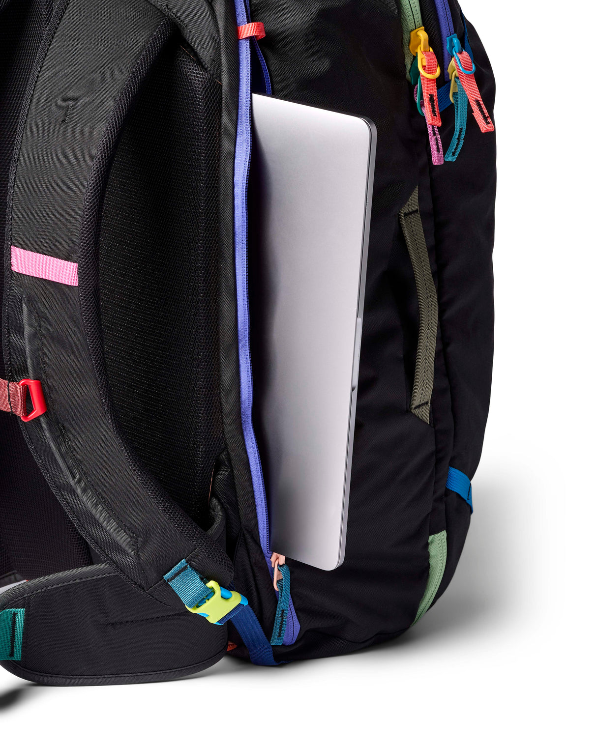 allpa-35l-travel-pack-A black Cotopaxi backpack with a pink llama logo on the front, accented with bright blue, purple, and multicolor zipper details, shown on a white background.