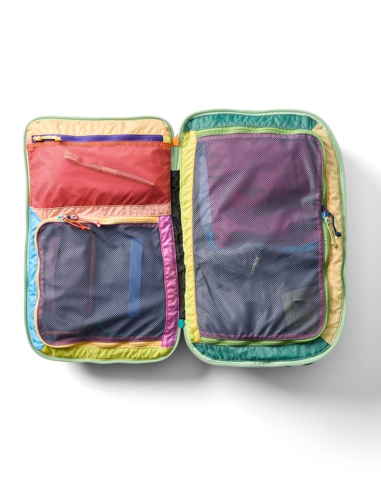 allpa-35l-travel-pack-A black Cotopaxi backpack with a pink llama logo on the front, accented with bright blue, purple, and multicolor zipper details, shown on a white background.