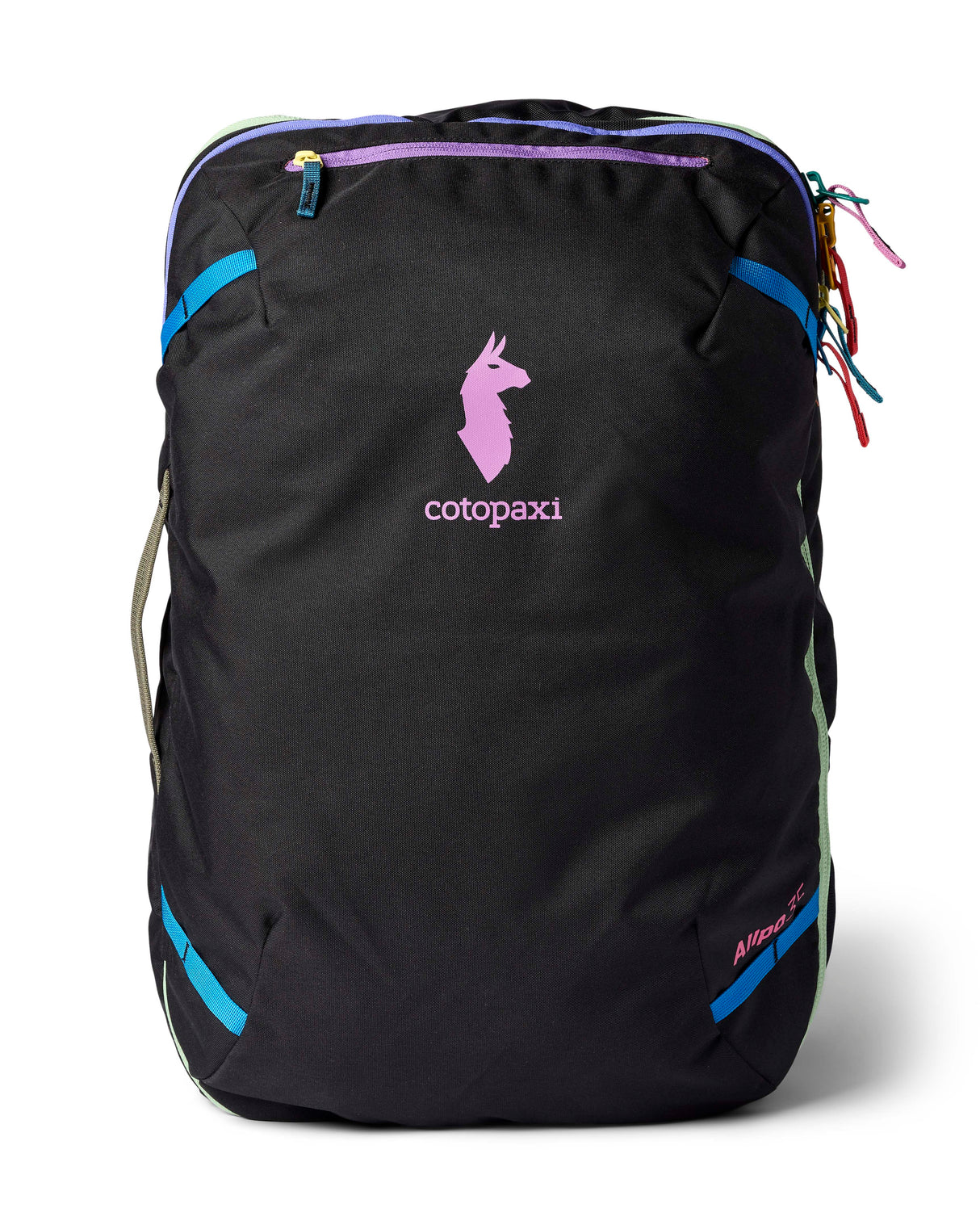 allpa-35l-travel-pack-A black Cotopaxi backpack with a pink llama logo on the front, accented with bright blue, purple, and multicolor zipper details, shown on a white background.