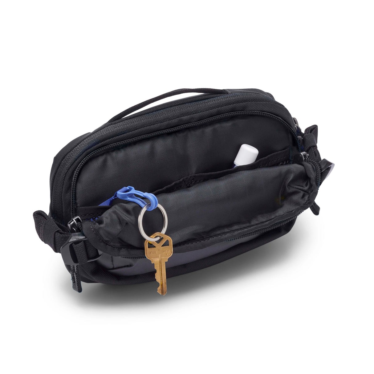 allpa-x-1-5l-hip-pack- Black waist bag with a brand logo on a white background