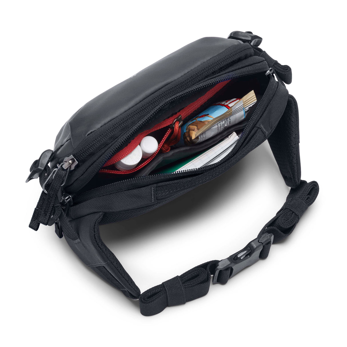 allpa-x-1-5l-hip-pack- Black waist bag with a brand logo on a white background