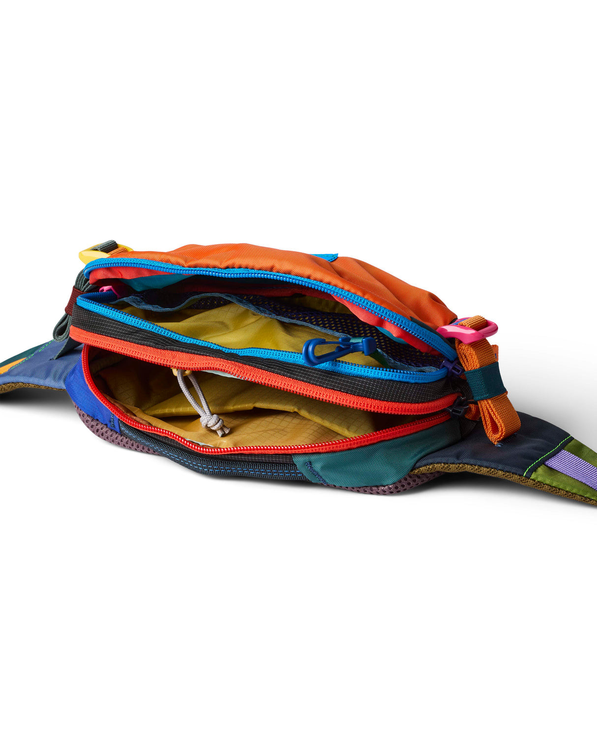 allpa-x-1-5l-hip-pack- A multicolor waist bag with a prominent orange front pocket, dark navy sides, and a patterned strap featuring green, purple, and orange sections, shown on a white background with a soft shadow.