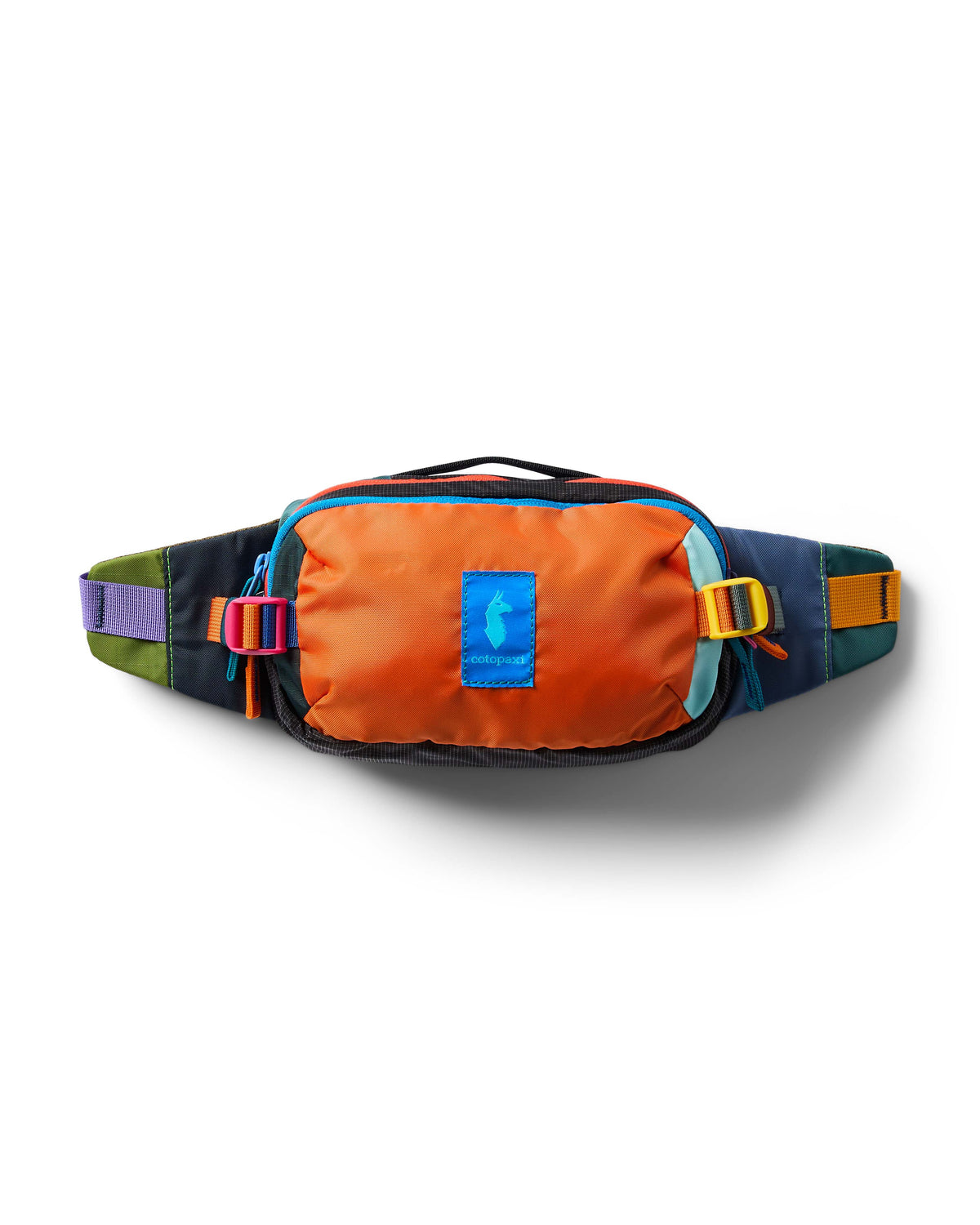 allpa-x-1-5l-hip-pack- A multicolor waist bag with a prominent orange front pocket, dark navy sides, and a patterned strap featuring green, purple, and orange sections, shown on a white background with a soft shadow.