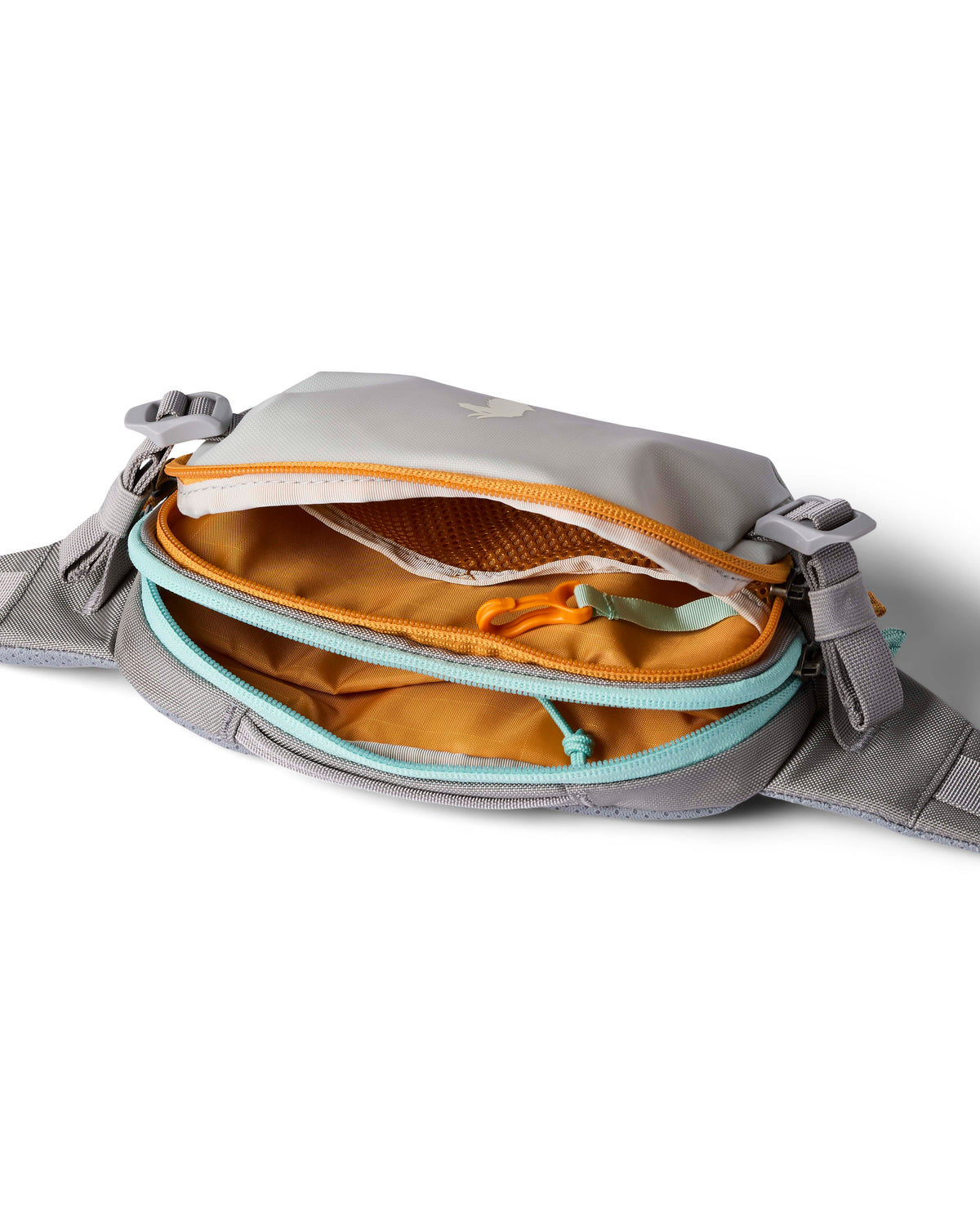 allpa-x-1-5l-hip-pack- A light gray waist bag with a mint green zipper, orange trim, and a white compact brand logo on the front, shown against a plain white background.