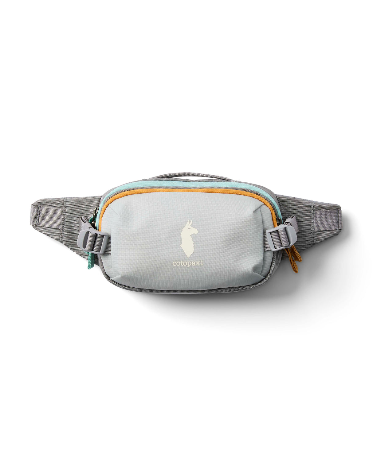 allpa-x-1-5l-hip-pack- A light gray waist bag with a mint green zipper, orange trim, and a white compact brand logo on the front, shown against a plain white background.