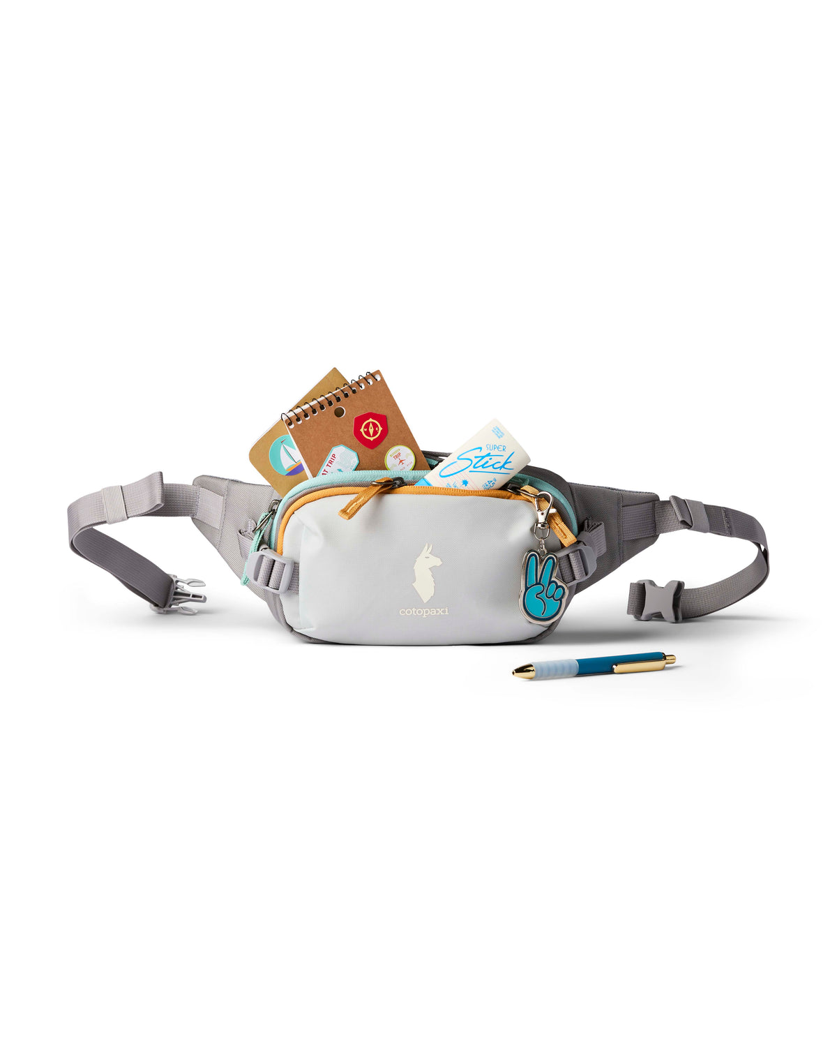 allpa-x-1-5l-hip-pack- A light gray waist bag with a mint green zipper, orange trim, and a white compact brand logo on the front, shown against a plain white background.