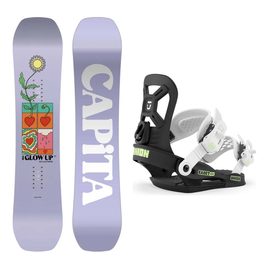 Capita Glow Up Mini by Jess Kimura Girls Snowboard 2027 with Cadet Mini Bindings Snowboard Package - Black