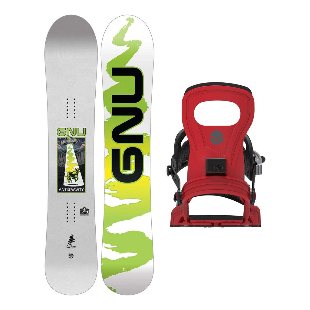 GNU Antigravity Mens Snowboard 2027 with Bent Metal Joint Bindings Snowboard Package - Red