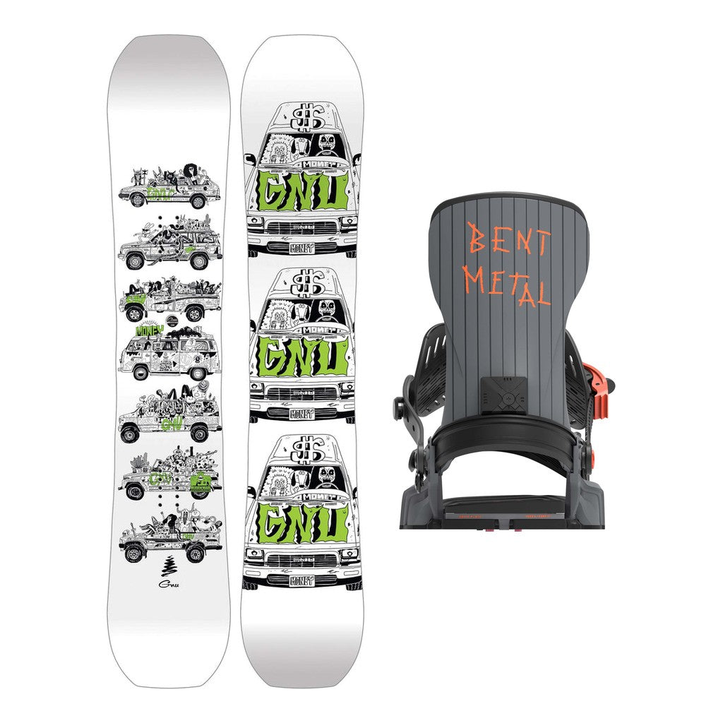 GNU Money Mens Snowboard 2027 with Bent Metal T-Zero Bindings Snowboard Package - Black