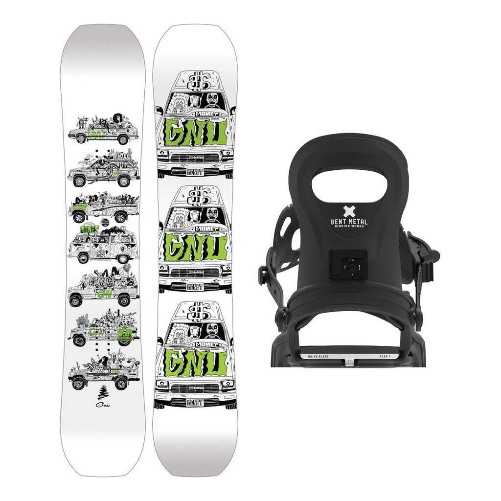 GNU Money S Kids Snowboard 2027 with Bent Metal BMX Bindings Snowboard Package