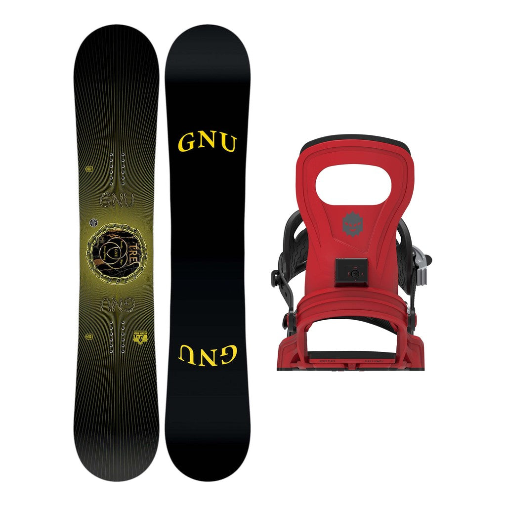 GNU Tre Mens Snowboard 2027 with Bent Metal Joint Bindings Snowboard Package - Red