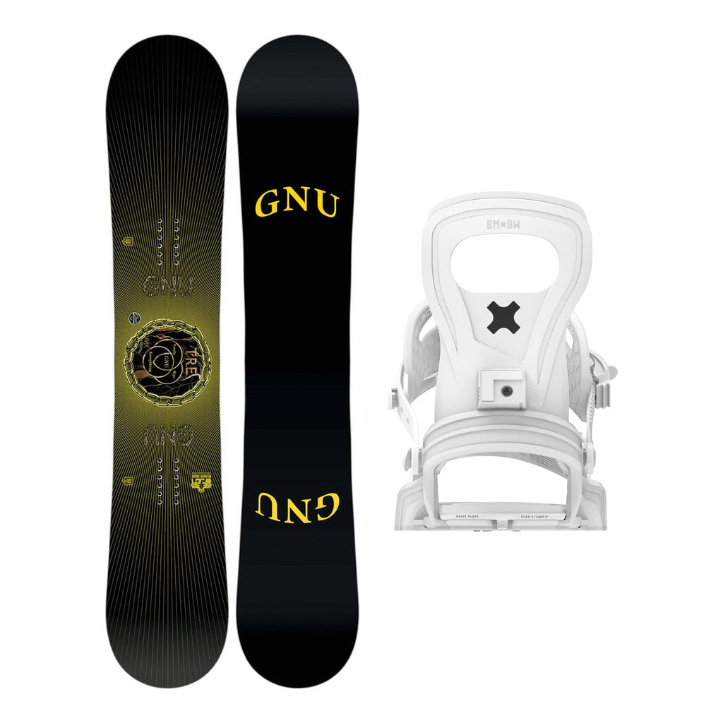 GNU Tre Mens Snowboard 2027 with Bent Metal Joint Bindings Snowboard Package - White
