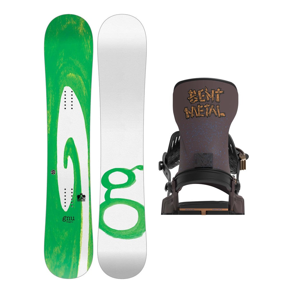 GNU Wagyu Mens Snowboard 2027 with Bent Metal Transfer Bindings Snowboard Package - Coffee