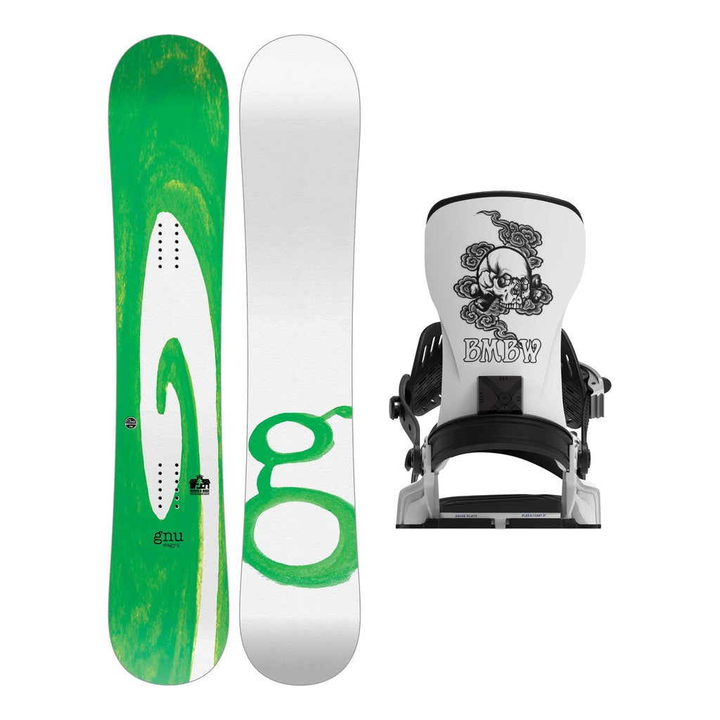 GNU Wagyu Mens Snowboard 2027 with Bent Metal Transfer Bindings Snowboard Package - White