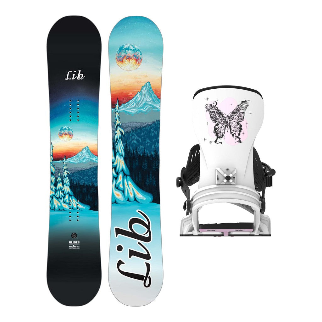 Lib Tech Glider Womens Snowboard 2027 with Bent Metal Stylist Bindings Snowboard Package - White