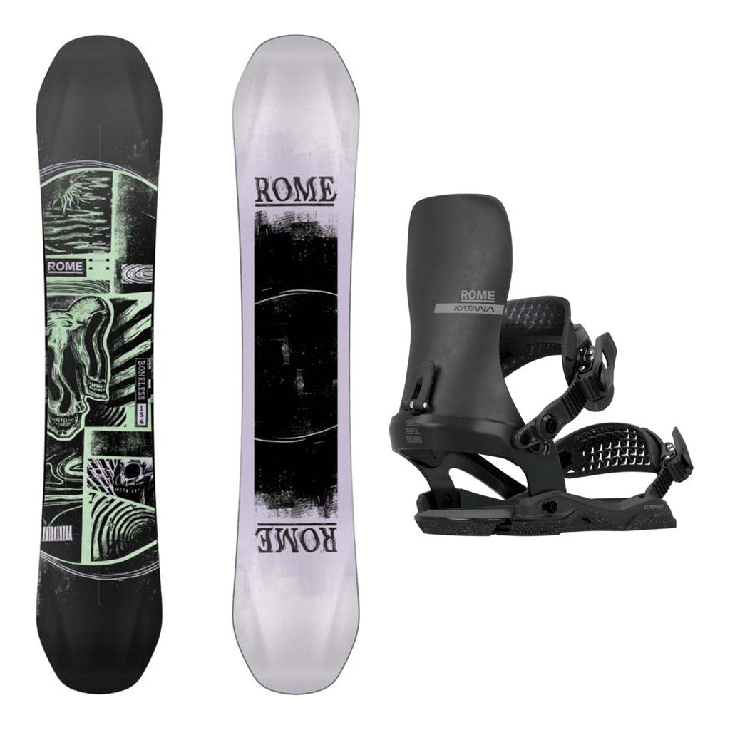 Rome Boneless Mens Snowboard 2027 with Katana AW Bindings Snowboard Package