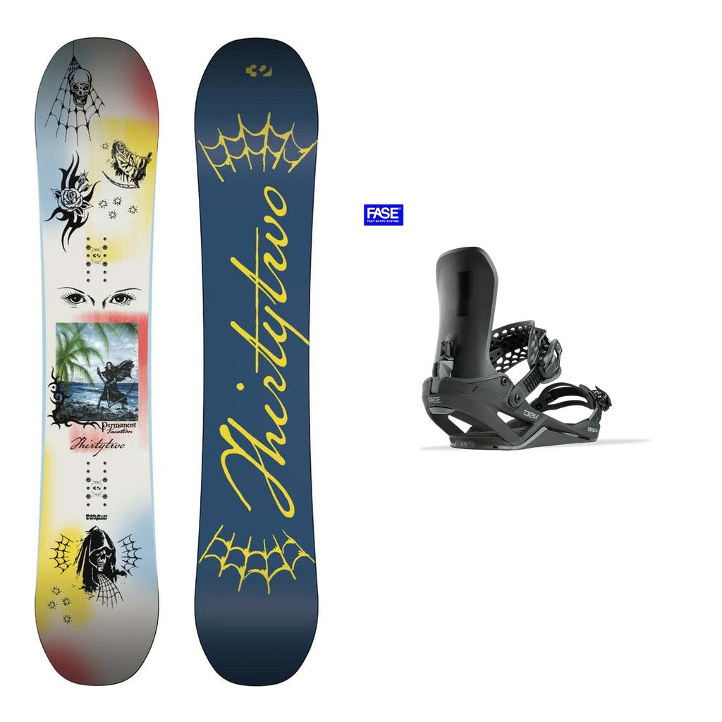 Thirty Two Permanent Vacation Mens Snowboard 2027 with Thirty Two T32M Fase Bindings Snowboard Package - Black