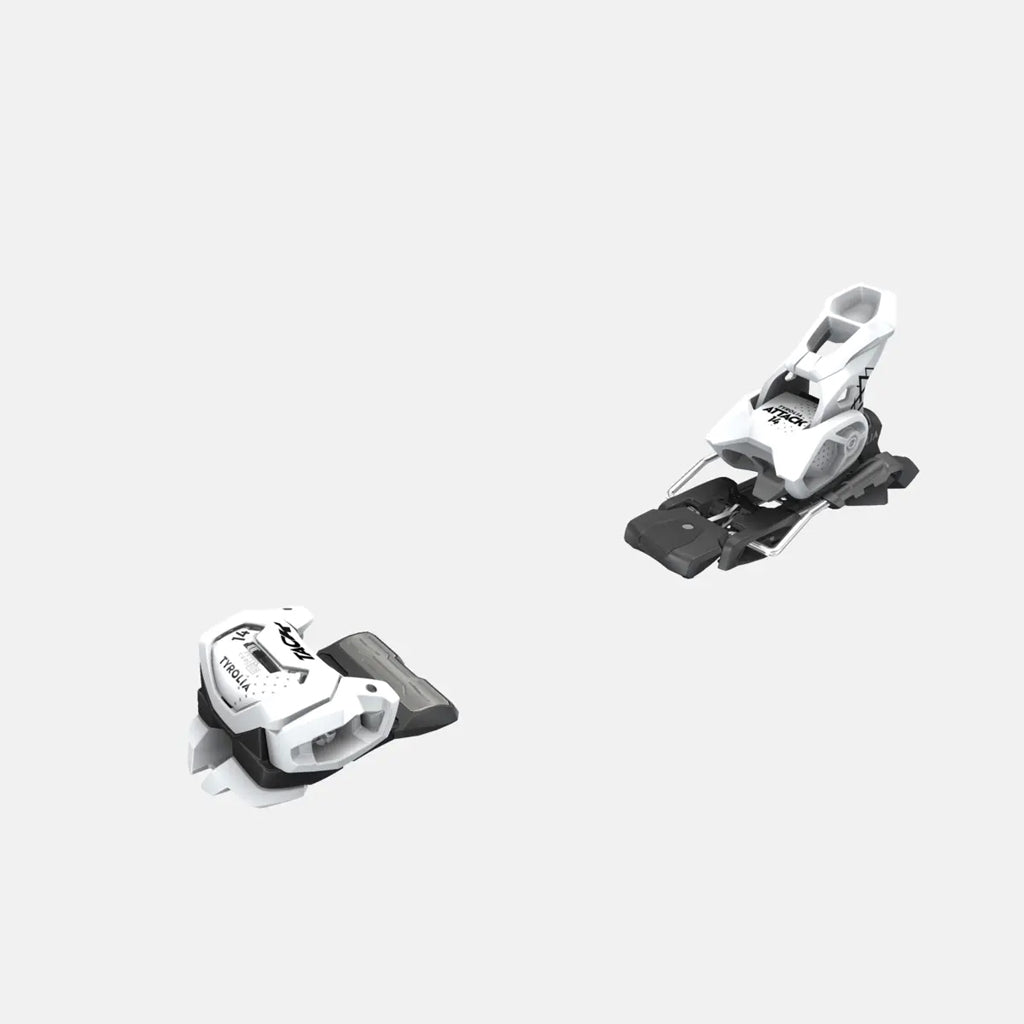 A pair of blue Tyrolia Attack 14 GW Ski Bindings 2025 are shown apart on a white background, displaying the FR PRO 3 toe and heel pieces for an all-mountain setup.