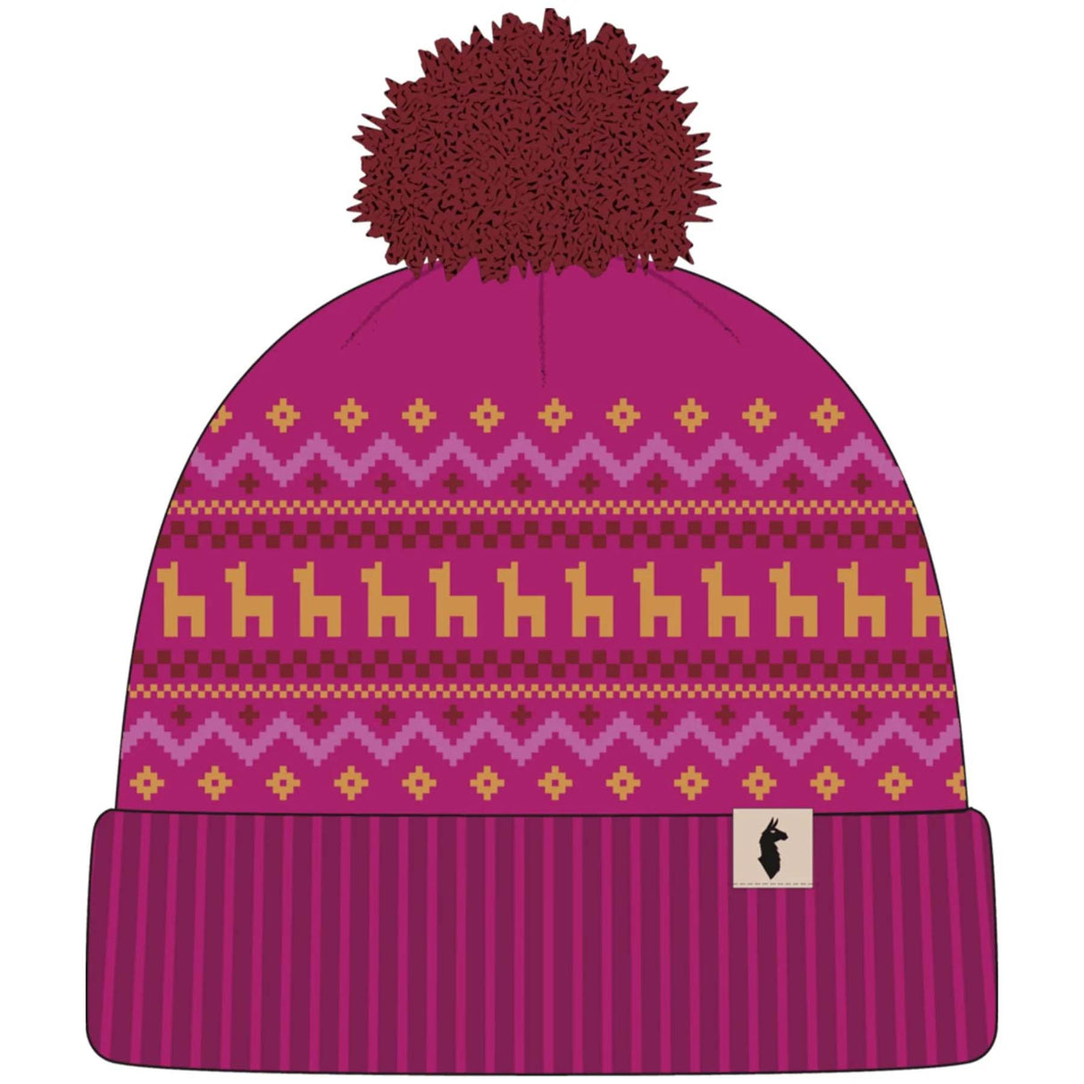cumbre-2.0-beanie-A knit pom-pom beanie hat in magenta pink with a multicolor pattern featuring yellow and light pink motifs, a dark red pom-pom, and a ribbed cuff with a small black logo patch.