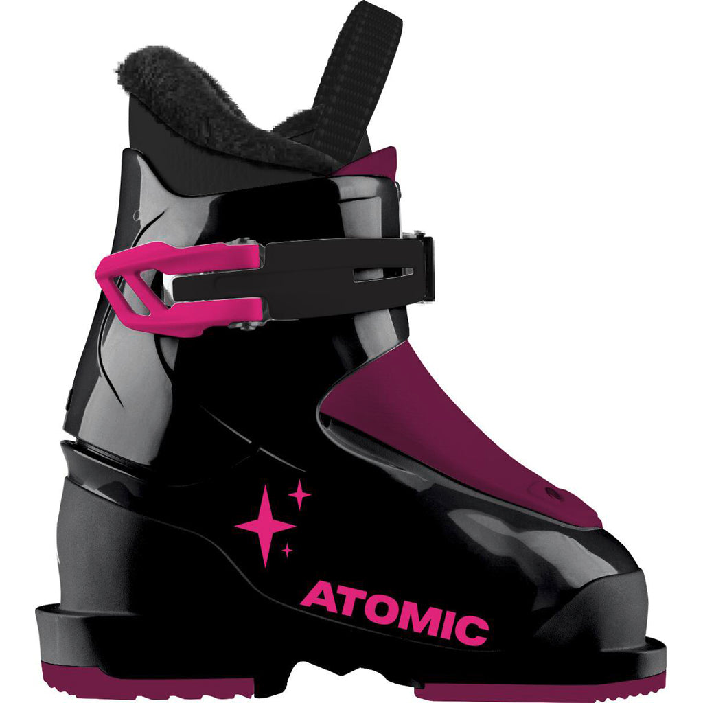 HawxKids1-Black and pink Atomic ski boot on a white background