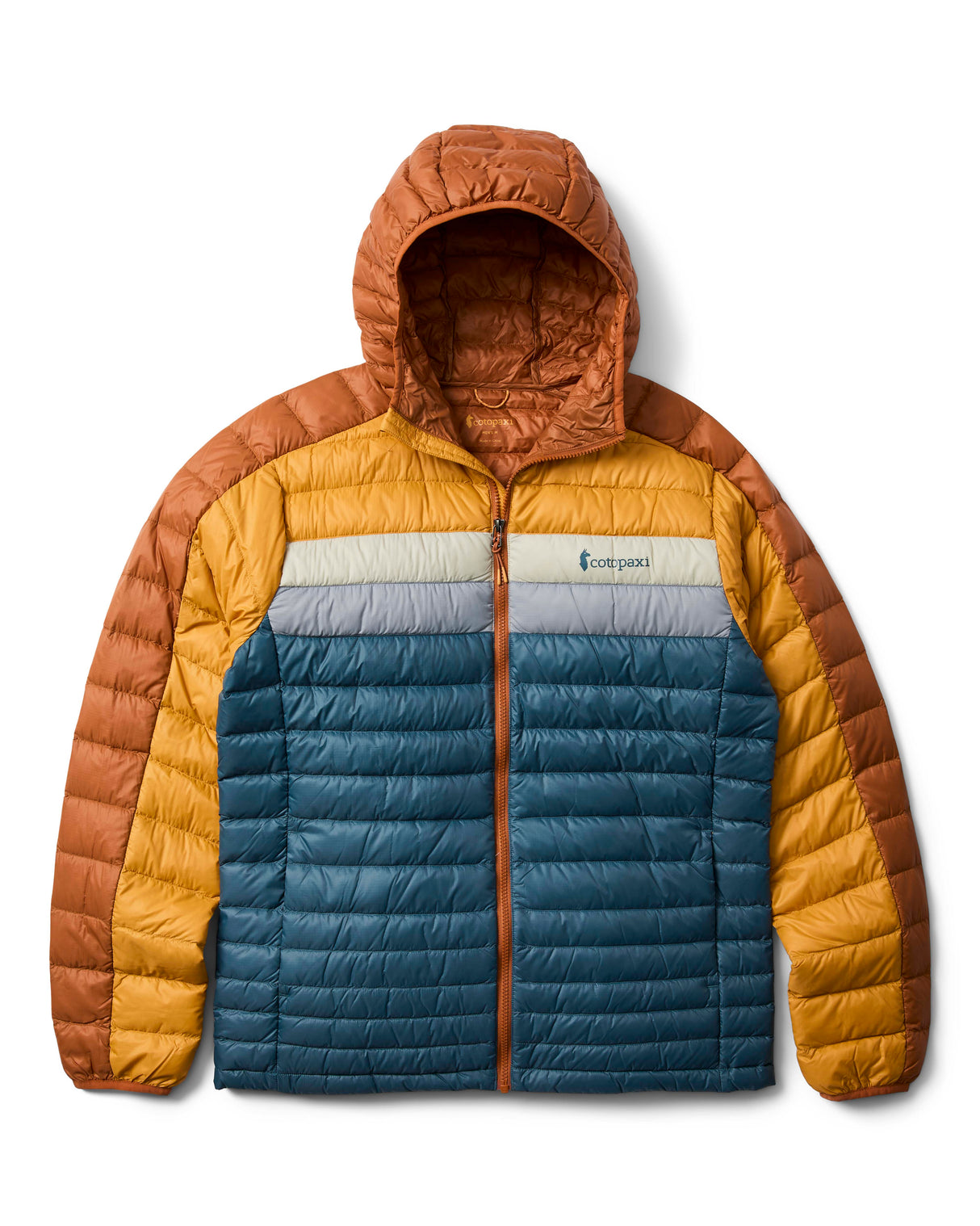 m-fuego-down-hooded-jacket- A hooded puffer jacket with a color-blocked design featuring a dark blue front, mustard yellow sides, and brown sleeves and hood, shown on a plain white background.