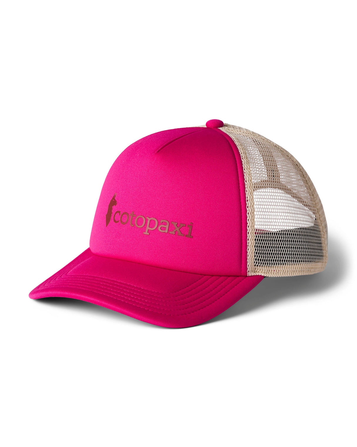 vintage-trucker-hat-A bright pink trucker hat with beige mesh back panels and a tonal pink 'cotopaxi' logo on the front, shown on a clean white background.
