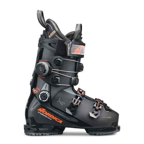 Speedmachine3130SBOA- A black Nordica Speedmachine 3 130 S BOA Cuff men's ski boot with adjustable buckles and branding on the side.