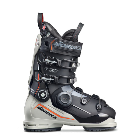 Sportmachine3120BOA- Nordica Sportmachine 3 120 BOA Men's Ski Boots for the year 2027, featuring a BOA Fit System, a Tri-Force Shell, and GripWalk Soles in black, gray, and red colors.
