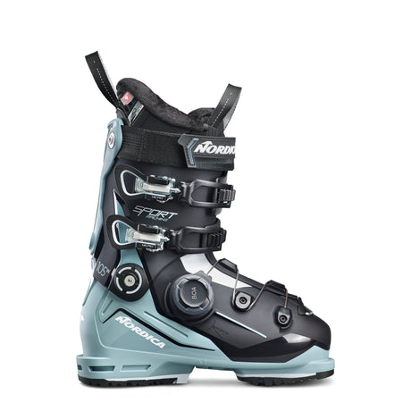 WSportmachine3105BOA- A Nordica Sportmachine 3 105 BOA Women's Ski Boot in colors black, blue, and gray, featuring multiple buckles and a BOA closure system.