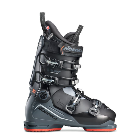 Sportmachine390- Nordica Sportmachine 3 90 Men's ski boot in black with orange accents, featuring multiple buckles and branding on the cuff.