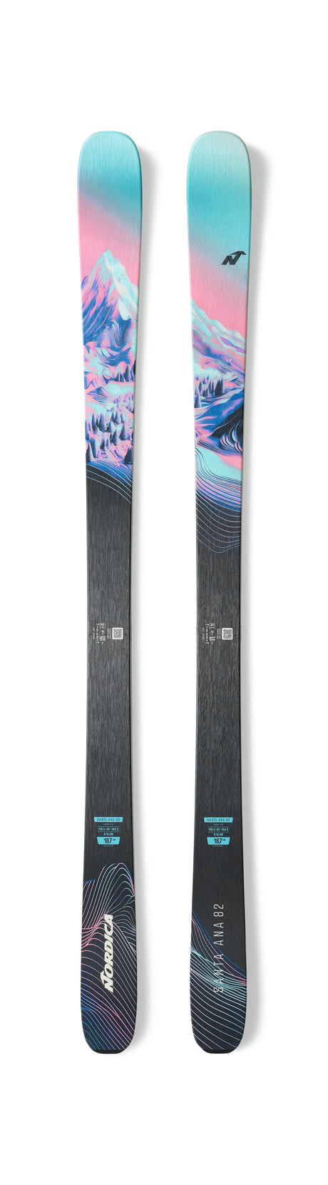 WSantaAna82- A pair of Nordica Santa Ana 82 women's skis for the year 2027, featuring a predominantly white and blue color scheme with floral graphics.