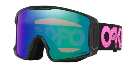 Line Miner L-Oakley goggles with blue reflective lens and pink logo on a white background