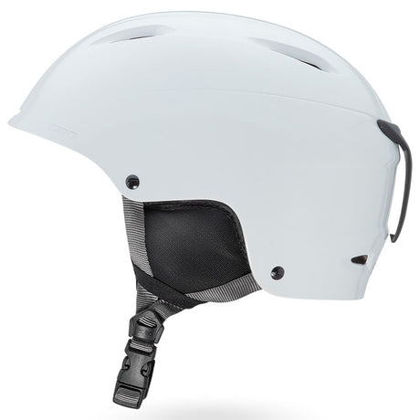 Bevel-White helmet with black interior and chin strap on a white background