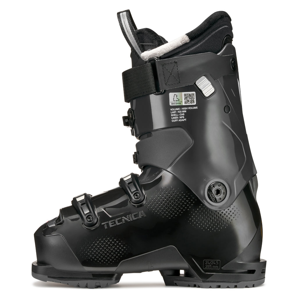 MACHBOAHV75-Black Tecnica ski boot with gold accents on a white background