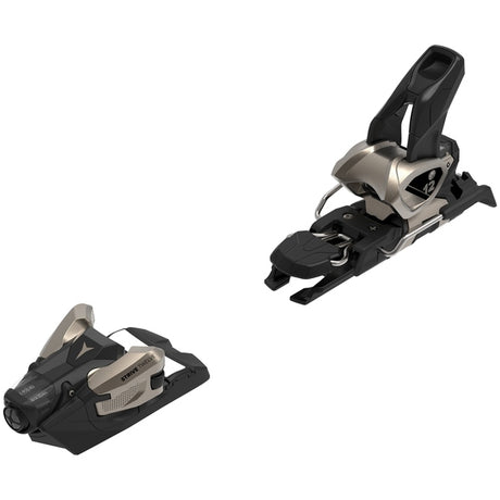 Strive 12-Pair of black and bronze ski bindings on a white background
