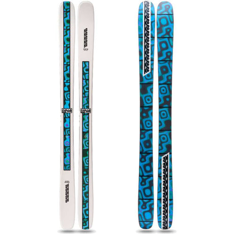 Omen90-Two skis with blue and black pattern on a white background