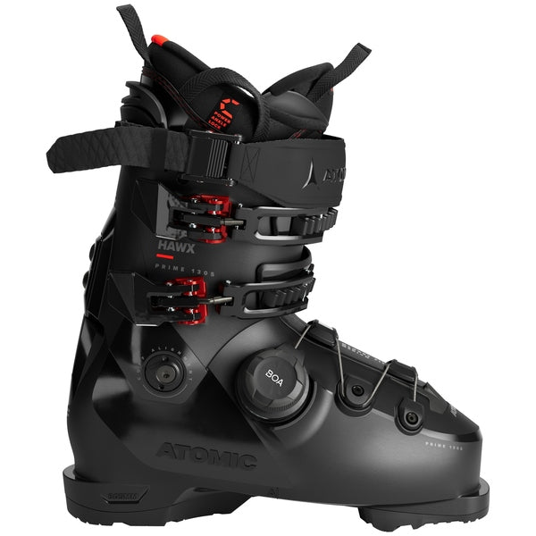 MHawxPrime130SBoa-Black ski boot with red accents on a white background