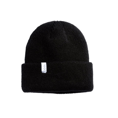 FrenaBeanie- A black Coal beanie with a thick-knit design, displayed in a cuffed style with a white Coal woven label on the side.