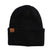 PearlBeanie-Black beanie with a brown label on a white background