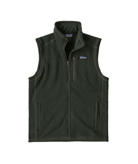 BetterSweaterVest-A black Patagonia Better Sweater Vest with a full zipper and a stand-up collar, featuring zippered handwarmer pockets and a secure chest pocket.